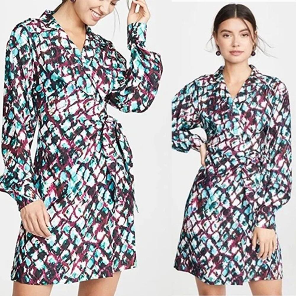 NWT Saloni Mari Jacquard Pleated Geometric Boho Wrap‎ Mini Dress Size: 6